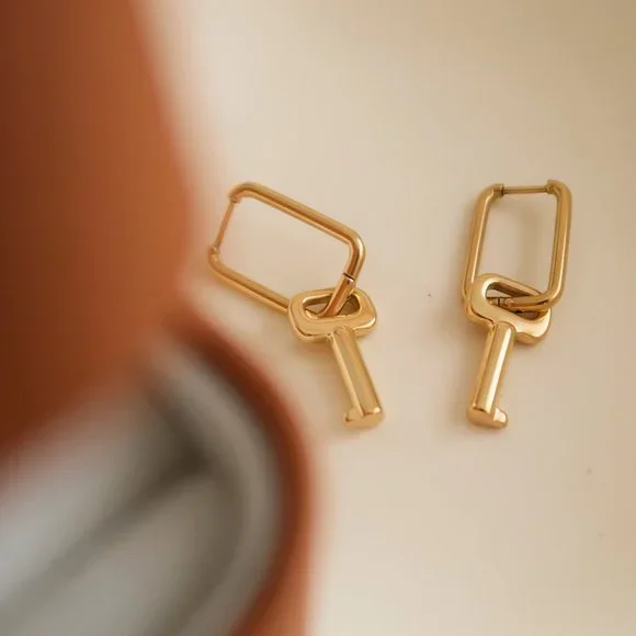 NEW 18K Gold Plated Key Drop Hoop Earrings - Picture 4 of 11